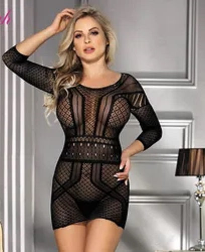 Long-Sleeved Hollow Back Fishnet Bodystocking - Queen