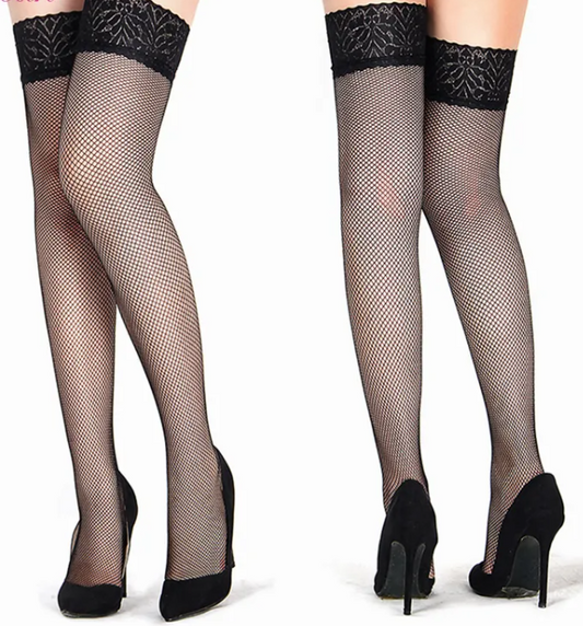 Classic Black Floral Lace Thigh High Stockings